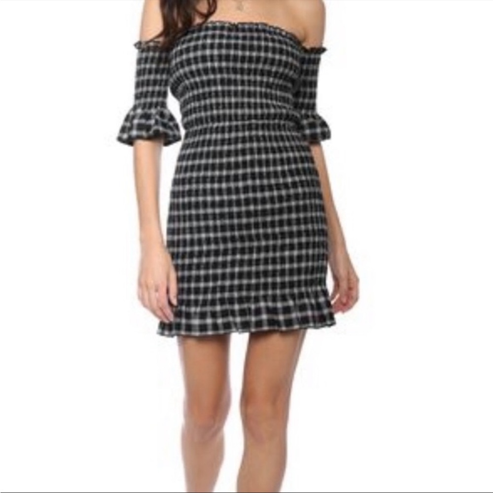 Smocked Black Gingham Plaid Mini Dress